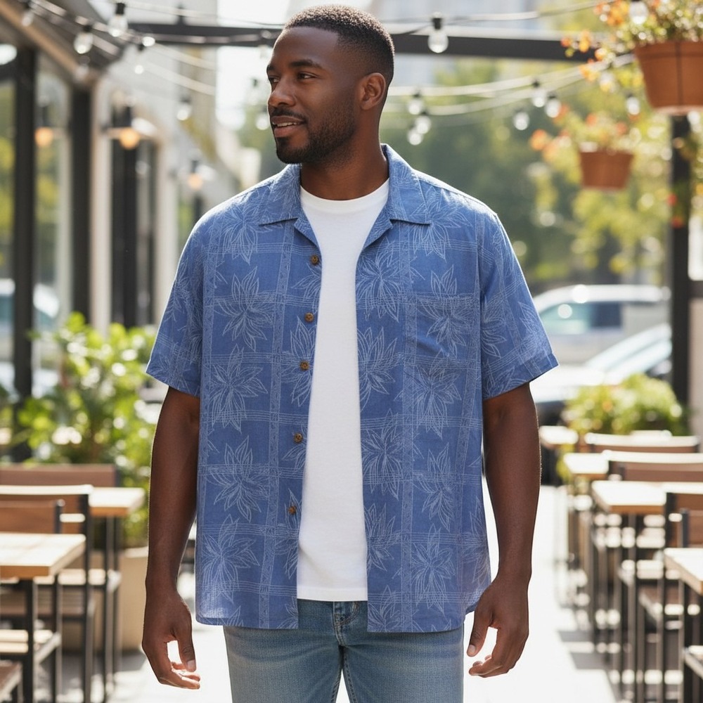 Jamaica Jaxx Shirt Medium Blue Exc 100% Silk Floral Jacquard Camp Short Slv